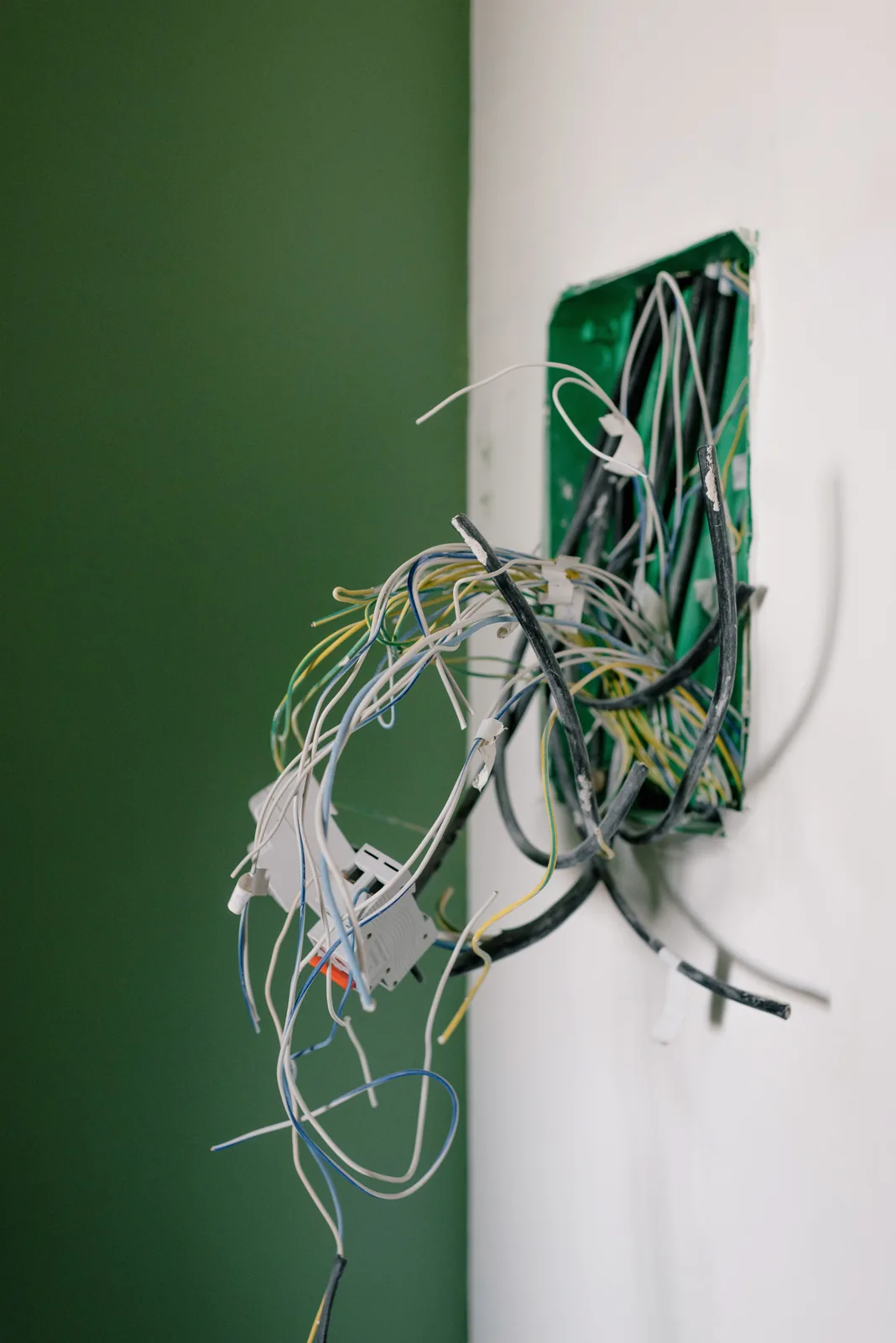 Old wiring spilling out of a junction box, for electrician in Buffalo