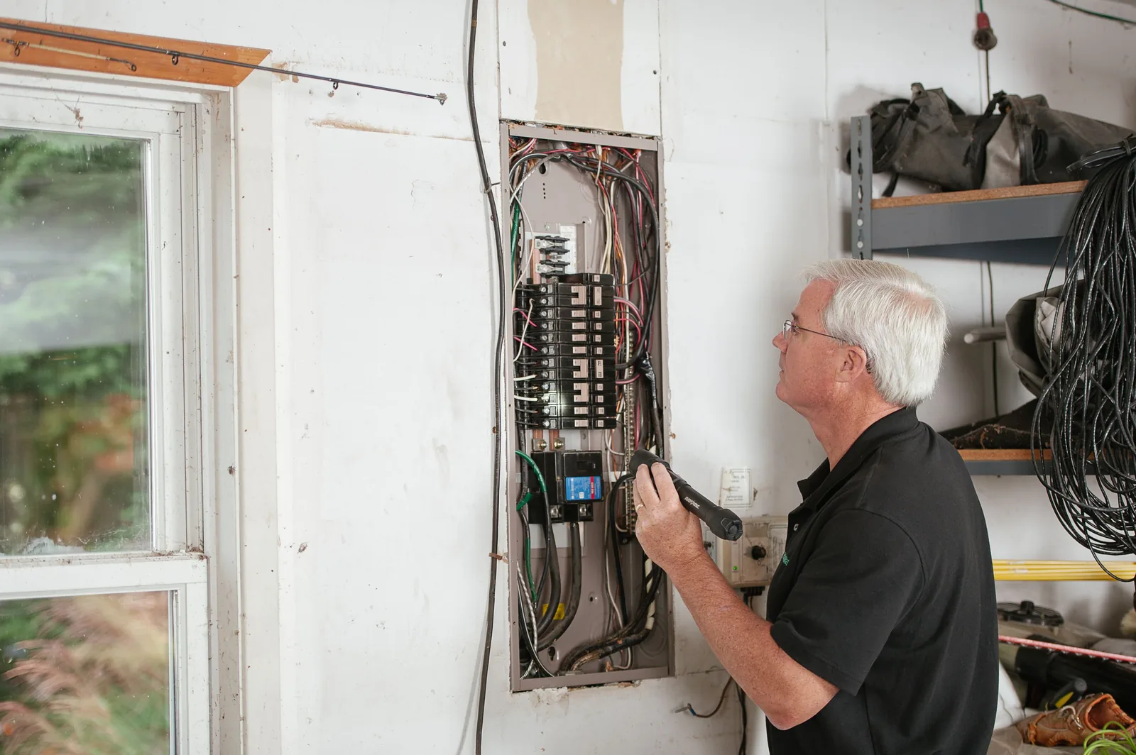 An electrician checking an open residential panel by torchlight, for level 2 charger in Buffalo